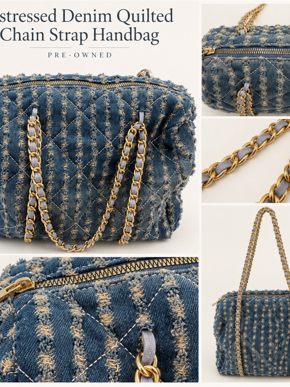 Fashion Nova Distressed Denim Quilted Handbag with Gold Chain